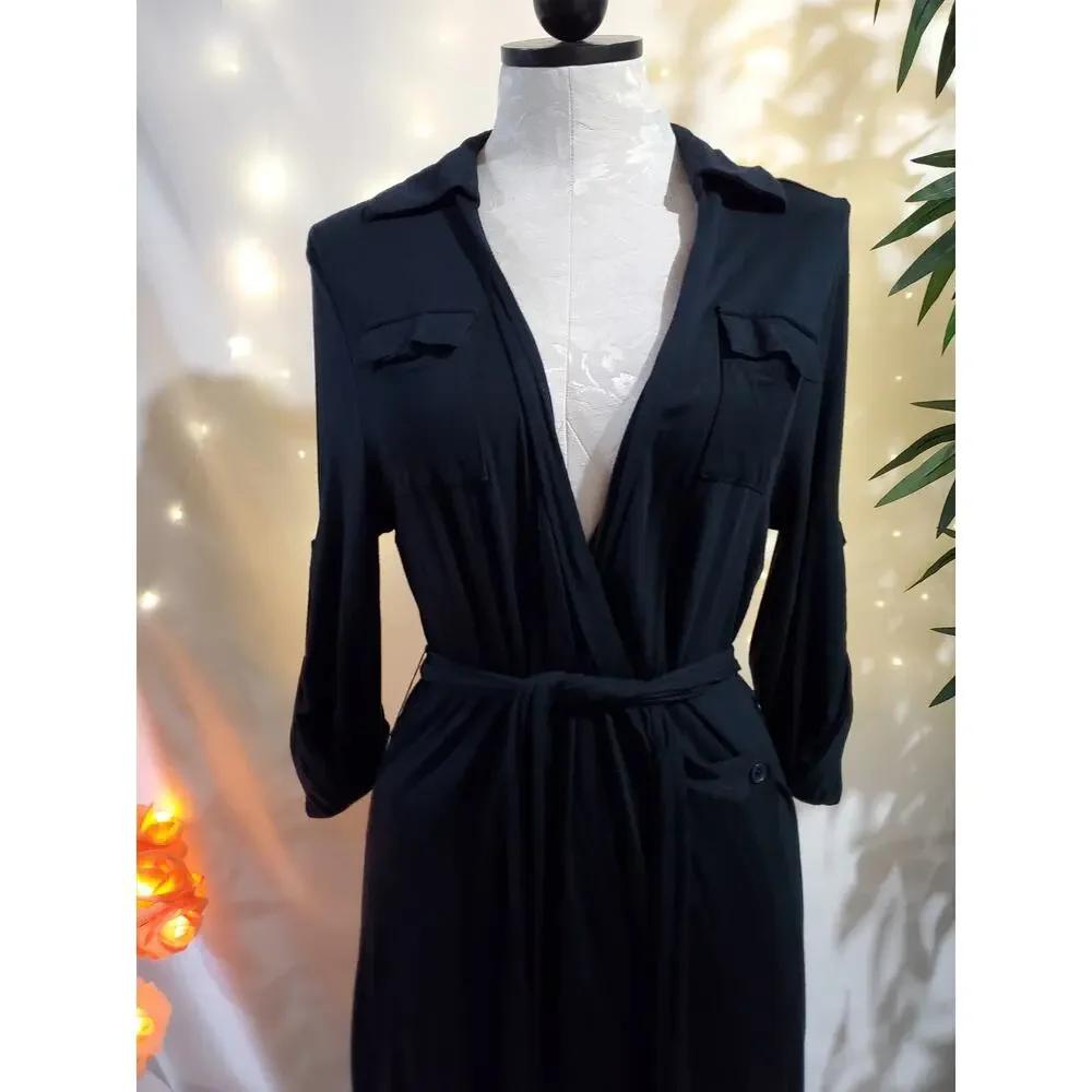 Soft Surroundings Black 3/4 Sleeve Tie Waist Pocket Wrap Dress Womens Size M